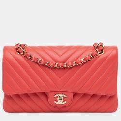 Pre Owned Chanel Red Medium Classic Chevron Lambskin Double Flap