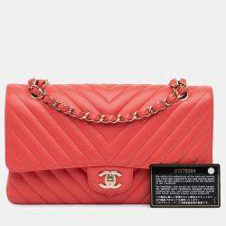 Pre Owned Chanel Red Medium Classic Chevron Lambskin Double Flap