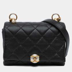 Pre Owned Chanel Black Mini Quilted Calfskin Pearl CC Accordion Flap