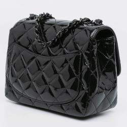 Pre Owned Chanel Black Mini Square Classic Patent So Black Single Flap