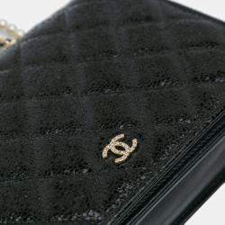 Pre Owned Chanel Black Quilted Crackled Patent Calfskin Pearl Wallet On Chain