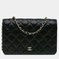 Pre Owned Chanel Black Quilted Crackled Patent Calfskin Pearl Wallet On Chain