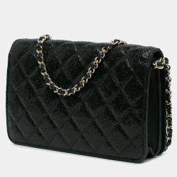 Pre Owned Chanel Black Quilted Crackled Patent Calfskin Pearl Wallet On Chain