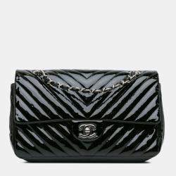 Pre Owned Chanel Black Medium Classic Chevron Patent Double Flap