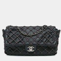 Pre Owned Chanel Black Jumbo Calfskin Canebiers Net Flap