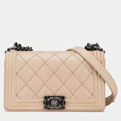 Pre Owned Chanel Beige Old Medium Aged Calfskin Double Stitch Boy Flap