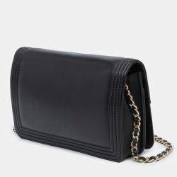 Pre Owned Chanel Black Silver Bicolor Calfskin Boy Wallet On Chain