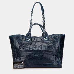Pre Owned Chanel Navy Blue Medium Glazed Calfskin and Caviar Deauville Tote