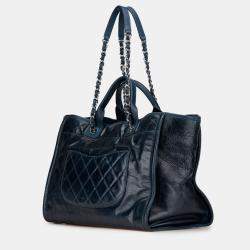 Pre Owned Chanel Navy Blue Medium Glazed Calfskin and Caviar Deauville Tote