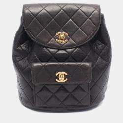 Pre Owned Chanel Matelasse Backpack Bag In Lambskin Leather  Black