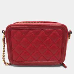 Pre Owned Chanel Cc Filigree Matelasse Chain Mini Shoulder Bag In Caviar Leather  Red