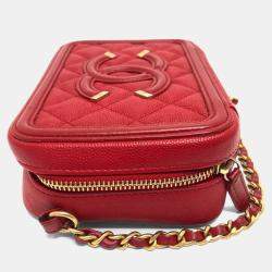 Pre Owned Chanel Cc Filigree Matelasse Chain Mini Shoulder Bag In Caviar Leather  Red