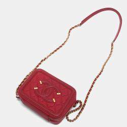 Pre Owned Chanel Cc Filigree Matelasse Chain Mini Shoulder Bag In Caviar Leather  Red