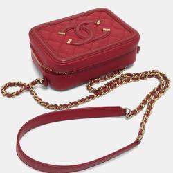 Pre Owned Chanel Cc Filigree Matelasse Chain Mini Shoulder Bag In Caviar Leather  Red