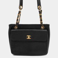 Pre Owned Chanel Chain Tote Bag With Coco Mark And Caviar Skin  Black