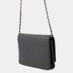 Pre Owned Chanel Chain Wallet Camellia Coco Mark Caviar Skin Black
