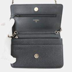 Pre Owned Chanel Chain Wallet Camellia Coco Mark Caviar Skin Black