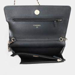 Pre Owned Chanel Chain Wallet Camellia Coco Mark Caviar Skin Black