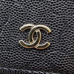 Pre Owned Chanel Chain Wallet Camellia Coco Mark Caviar Skin Black