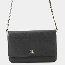 Pre Owned Chanel Chain Wallet Camellia Coco Mark Caviar Skin Black