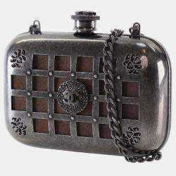 Pre Owned Chanel Grey Paris Edinburgh Mini Gunmetal Grid Cage Clutch on Chain