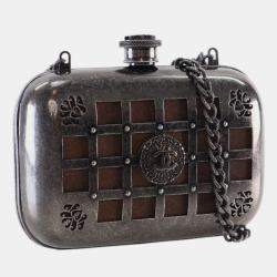 Pre Owned Chanel Grey Paris Edinburgh Mini Gunmetal Grid Cage Clutch on Chain