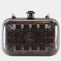 Pre Owned Chanel Grey Paris Edinburgh Mini Gunmetal Grid Cage Clutch on Chain
