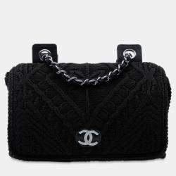 Pre Owned Chanel Black CC  Medium Woven Crochet Knit Single Flap