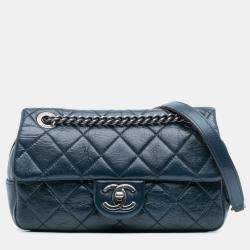 Pre Owned Chanel Blue Small Glazed Calfskin Duo Color Flap
