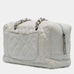 Pre Owned Chanel White Quilted Aged Calfskin Cotton Club Bowler Bag