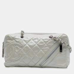 Pre Owned Chanel White Quilted Aged Calfskin Cotton Club Bowler Bag