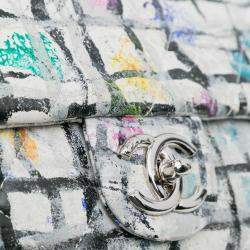 Pre Owned Chanel White Medium Calfskin Hand Painted Graffiti Flap