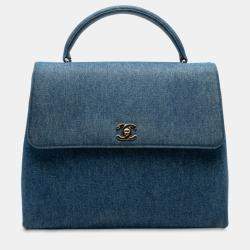 Pre Owned Chanel Blue CC Denim Kelly Top Handle Bag