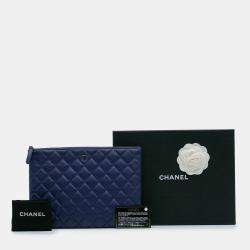 Pre Owned Chanel Blue Medium Quilted Lambskin O Case Clutch