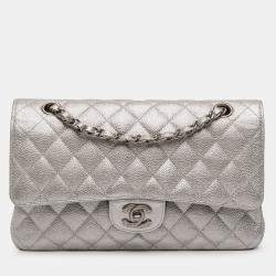 Pre Owned Chanel Silver Medium Classic Iridescent Caviar Double Flap