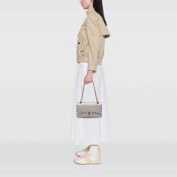 Pre Owned Chanel Silver Medium Classic Iridescent Caviar Double Flap