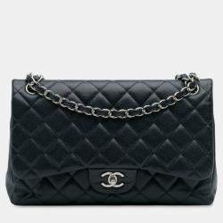 Pre Owned Chanel Navy Blue Jumbo Classic Caviar Double Flap