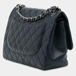Pre Owned Chanel Navy Blue Jumbo Classic Caviar Double Flap