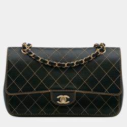 Pre Owned Chanel Black Medium Classic Calfskin Wild Stitch Double Flap