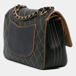 Pre Owned Chanel Black Medium Classic Calfskin Wild Stitch Double Flap