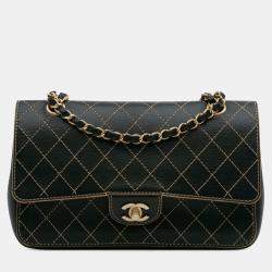 Pre Owned Chanel Black Medium Classic Calfskin Wild Stitch Double Flap
