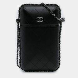 Pre Owned Chanel Black CC Quilted Lambskin Chain Around Phone Holder