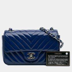 Pre Owned Chanel Blue Mini Rectangular Classic Chevron Patent Single Flap