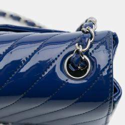 Pre Owned Chanel Blue Mini Rectangular Classic Chevron Patent Single Flap