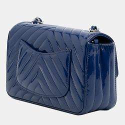 Pre Owned Chanel Blue Mini Rectangular Classic Chevron Patent Single Flap