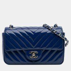 Pre Owned Chanel Blue Mini Rectangular Classic Chevron Patent Single Flap