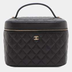 Pre Owned Chanel Black Medium CC Quilted  Caviar Vanity Case
