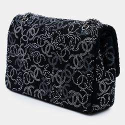 Pre Owned Chanel Black Paris-Shanghai Medium Tweed Strass Embellished Pudong Double Flap