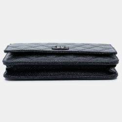 Pre Owned Chanel Black CC Quilted Glittered Calfskin Wallet On Chain