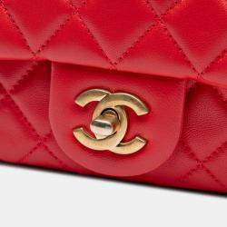 Pre Owned Chanel Red Mini Square Classic Lambskin Pearl Crush Single Flap